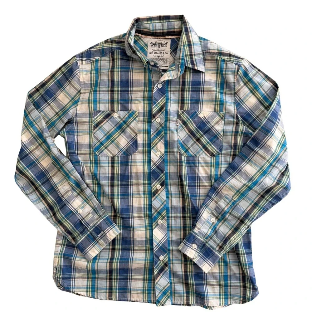 Levi's Plaid Button-Up Shirt Blue Yellow Long Sleeve Casual Men's Size Medium